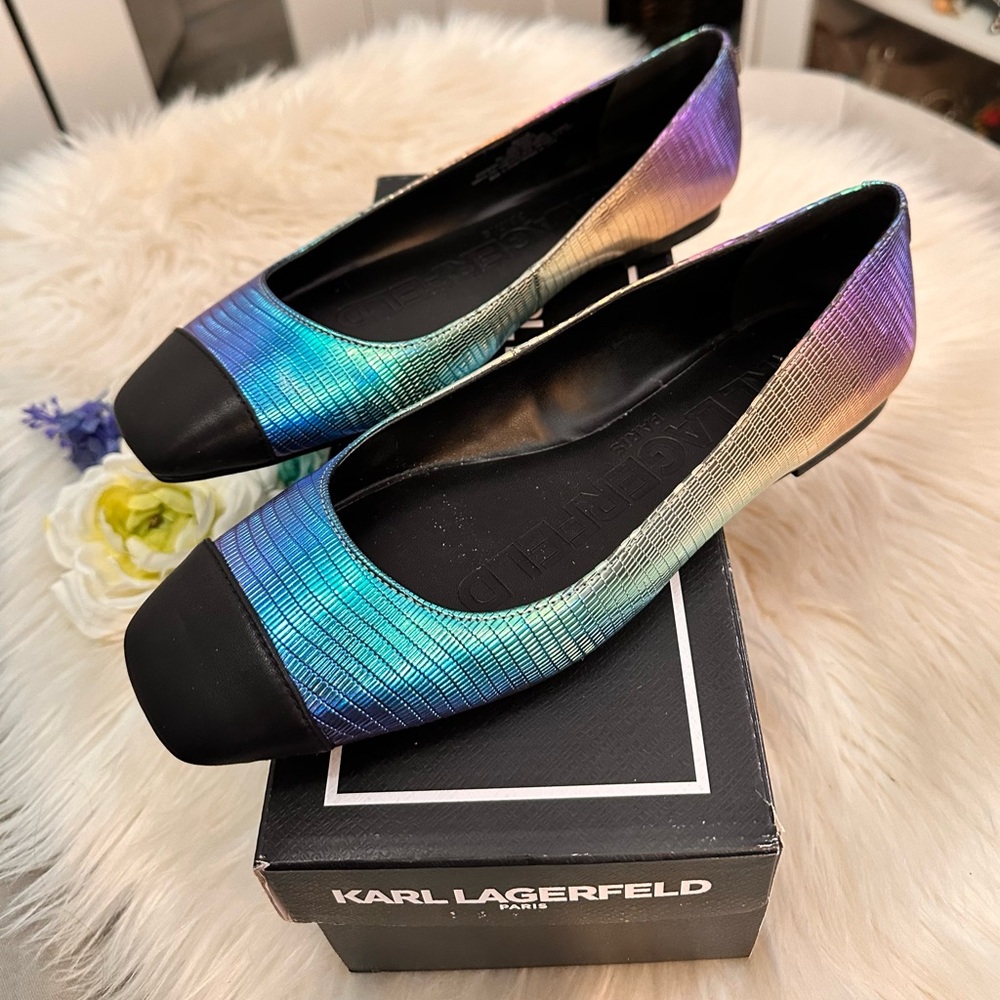 Karl Lagerfeld Paris Zayna MultiI Colored Metallic Black Flats Sz 9M NEW! FIRM! - Picture 3 of 10